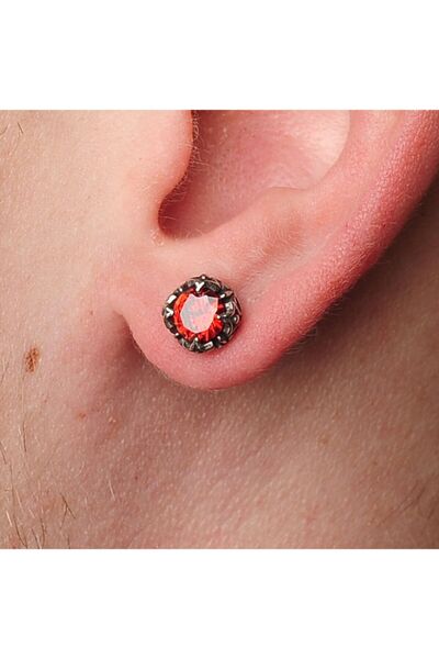 northstarshop Kırmızı Zirkon Taşlı Motorcu Vintage Erkek Çelik Küpe (tekli)