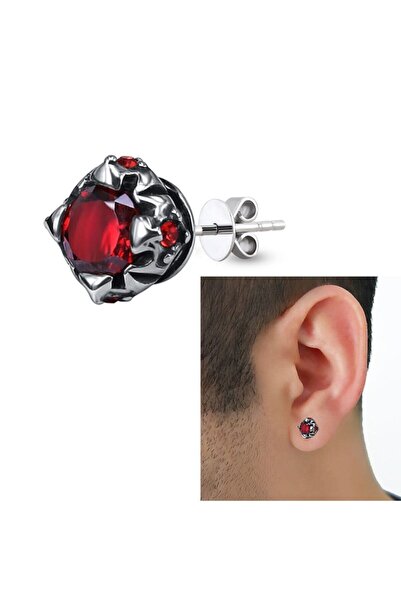 northstarshop Kırmızı Zirkon Taşlı Motorcu Gotik Erkek Çelik Küpe (tekli)
