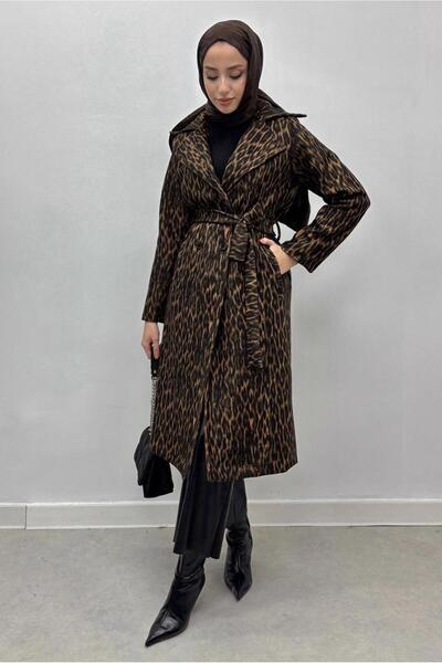 TRENDTESETTÜR KADIN KAHVE KUŞAKLI LEOPAR DESENLİ KABAN T 8516