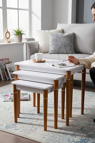 Akabesan Aksesuar Erce Serisi Ceviz Ahşap Ayaklı Beyaz Dekoratif Kayın Ağacın...