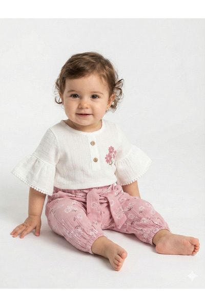 Mini Baray Baby Girl Set with Floral Muslin Pants 100% Cotton (9-12-18 Months...