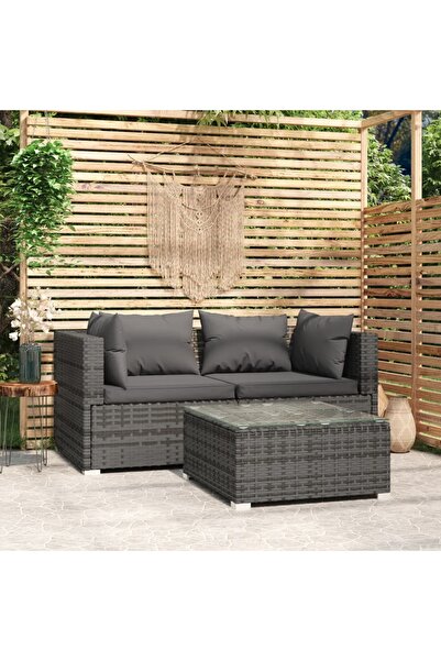 vidaxl طقم أريكة حديقة من 3 قطع مع وسائد من البولي راتان الرمادي