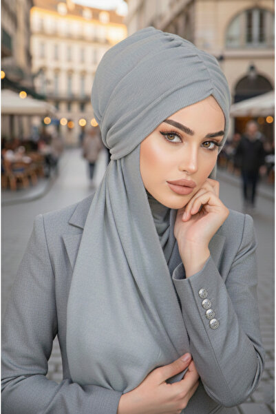 Aişe tesettür Gray Knitwear Butterfly Model Drawstring Bonnet Shawl