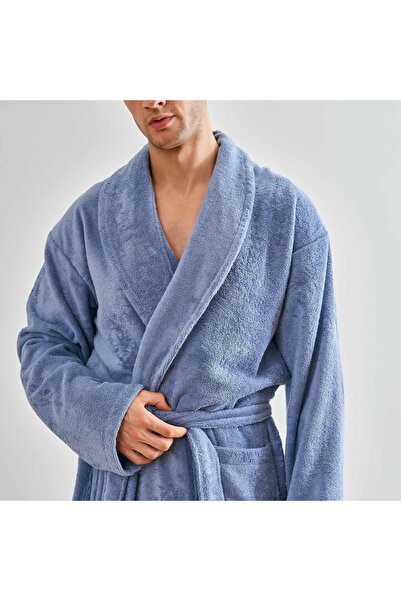 Linens روب حمام قطن ناعم أزرق M