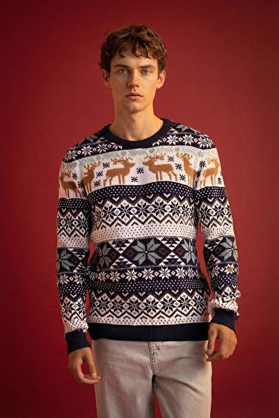 DeFacto Standard Fit Christmas Themed Crew Neck Sweater D5486Ax24Wn