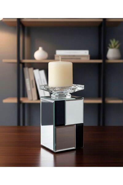 PINALE ART Lüks İşlemeli Aynalı Dekoratif Mumluk Şamdan 9x9x17 cm