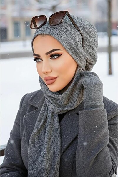 Aişe tesettür Gri Fitilli İnce Triko Tesettür Bere