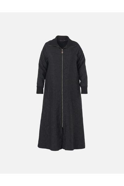 Kayra Embossed Pattern Mock Neck Coat Black