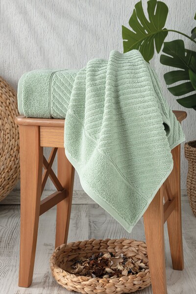 Sevim Soft 100% Cotton Hand Towel 50X90 cm - Set of 2 Geometric Towels - Green