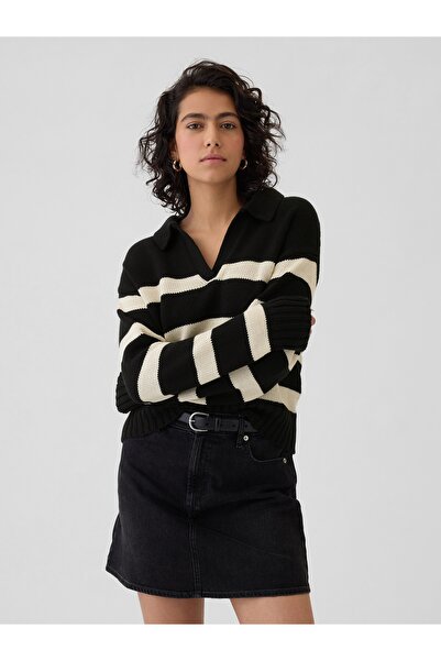 GAP Kadın Siyah Polo Yaka Crop Kazak