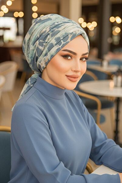 Aişe tesettür Soft Mavi Tonlamalı Tokalı Bone