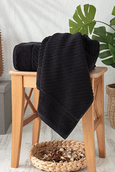 Sevim 100% Cotton Hand Towel Set of 2 - Modern Striped Design - Soft Texture - Black Color