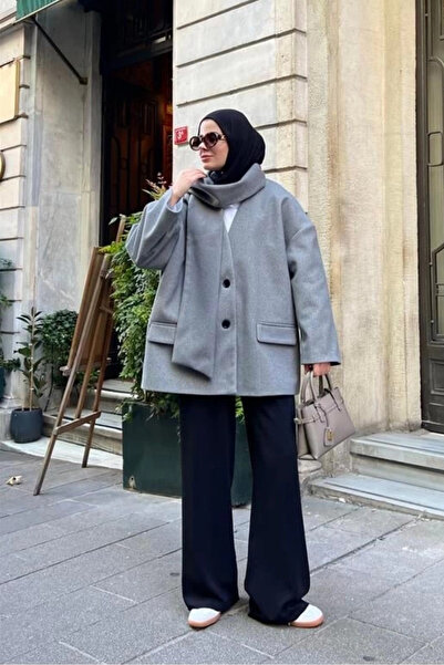 My Blog سترة كشمير رمادية مع وشاح - 25912