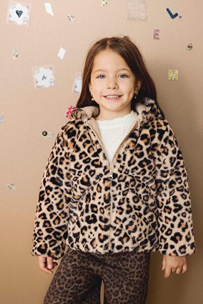 DeFacto cu glugă imprimeu leopard Palton pentru fetiță din pluș, cu fermoar, E7993A5/BG744