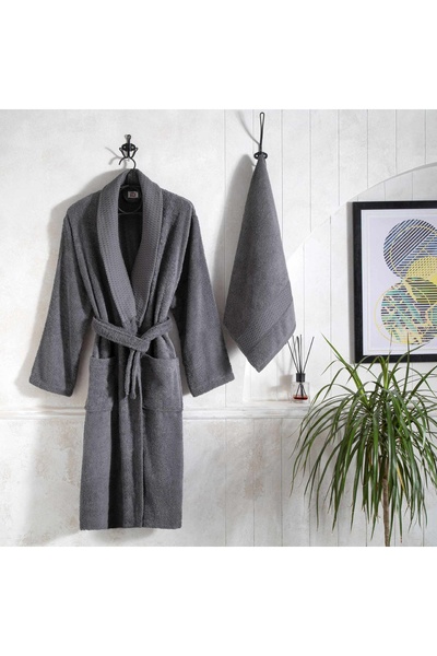 Taç Classic Cotton Bathrobe Set - Anthracite