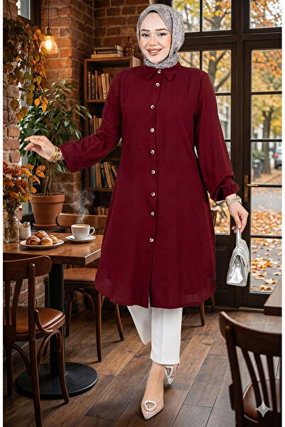 sefamerve Viscose Tunic with Elastic Sleeves 0171-06 Claret Red