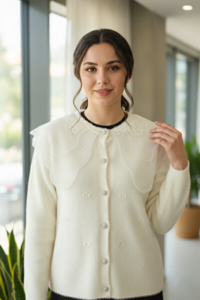 Safgiyim44 Lace Collar Angora Cardigan Ecru