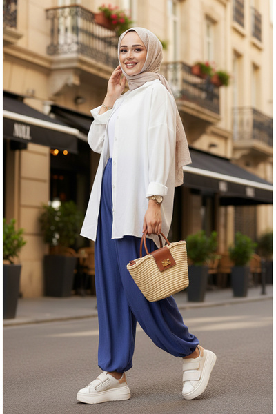 sefamerve Elastic Waist Shalwar Pants 0001-05 Light Blue