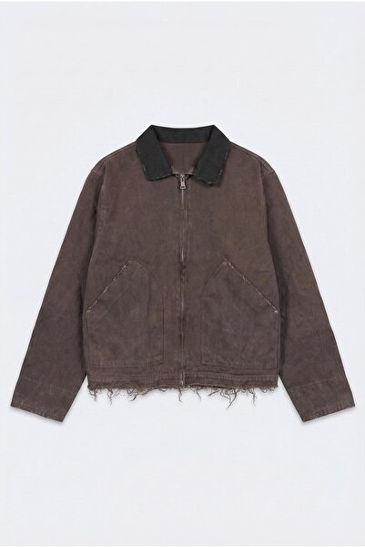 ablukaonline سترة رجالية بياقة متباينة قابلة للغسل بقصة مريحة باللون البني