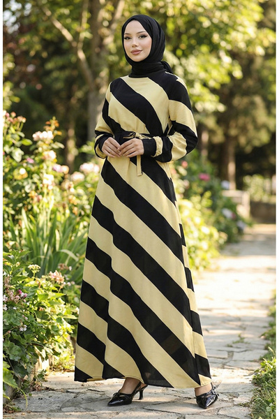 sefamerve Rochie cu brâu cu imprimeu geometric din viscoză - Negru Galben 046...