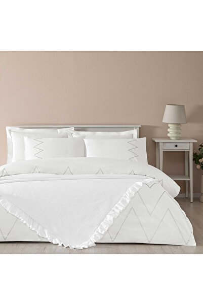 Taç Taç Rosetta Yatak Örtülü Çift Kişilik Nevresim Seti Beyaz