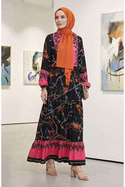 sefamerve Desenli Viskon Elbise 0188-03 Siyah