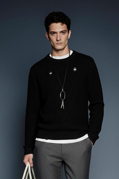 ablukaonline Men's Oversized Patterned Knitwear Sweater Black