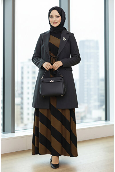 sefamerve فستان أسود منقوش هندسيًا بحزام فيسكوز - 0460-01