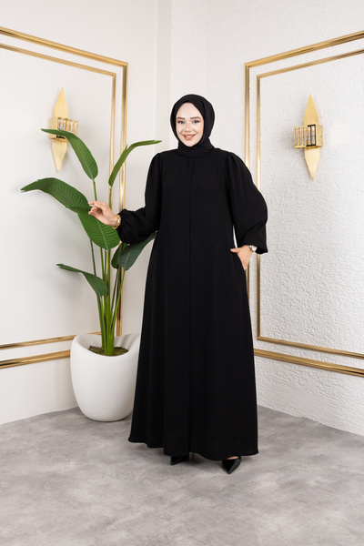 nevmira Medine İpeği Balon Kollu Ferace Abaya 4002 – 4 Mevsim – Terletmez – Rahat Kalıp