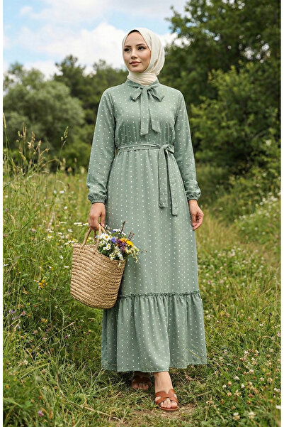 sefamerve Grünes, gemustertes Schärpenkleid von Çağla - 0383-06