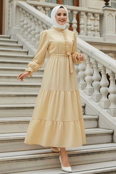 Neva Style Μπεζ Φόρεμα Hijab - Πτυχωτό Πτυχωτό, Μοντέλο 617BEJ