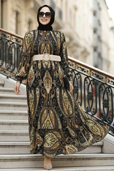 N.S NEVA STYLE Rochie Hijab Bej cu Motiv 9271BEJ