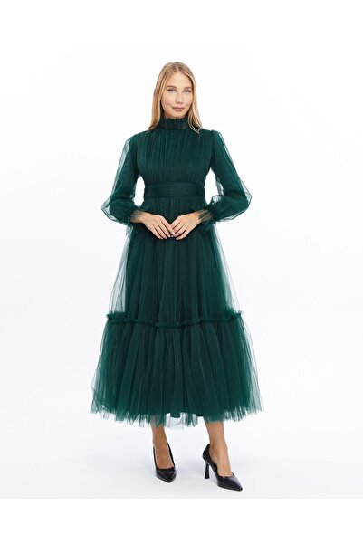 Asees Emerald Imagine Tulle Gathered Rochie de seara modesta cu detaliu - Roc...