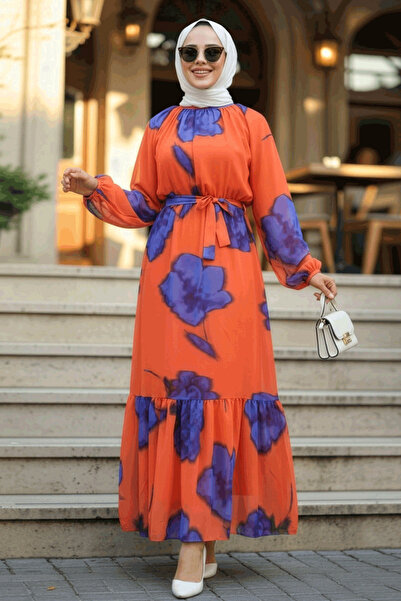 Neva Style Orange Floral Patterned Hijab Dress - 60942T