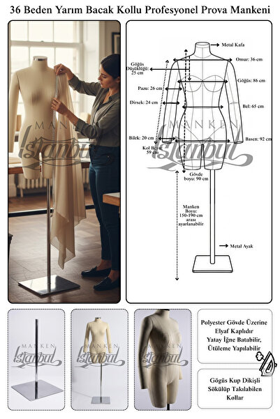 Manken İstanbul 36 Beden Tam Profesyonel Kollu Yüksek Kalite Yarım Bacak Prova Mankeni Terzi Mankeni