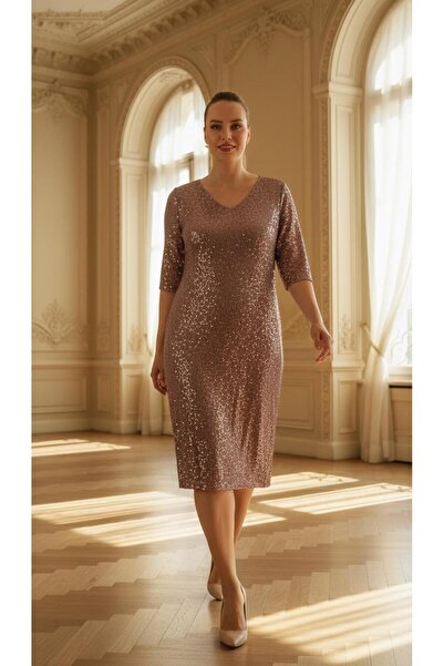 Nidya Moda Büyük Beden Kadın Oranj Payet Desen V Yaka Abiye Elbise-4009po