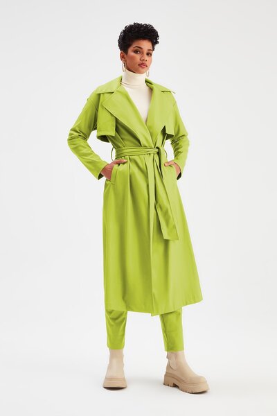 Sateen Kuşaklı Uzun Deri Trenç - Yağ Yeşili