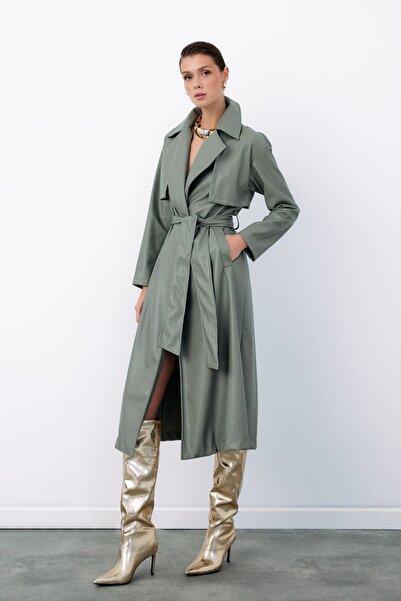Sateen Long Leather Trench Coat with Belt - Green