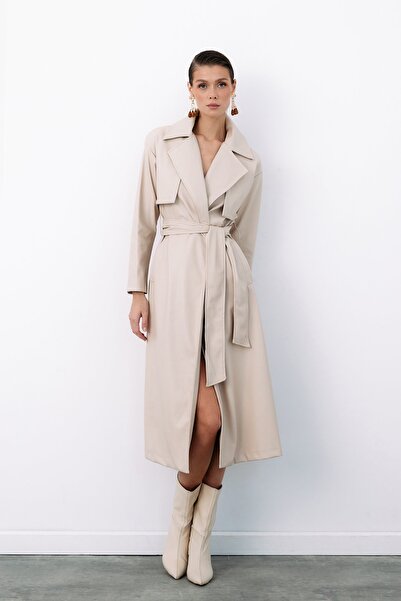 Sateen Belted Long Leather Trench - Stone