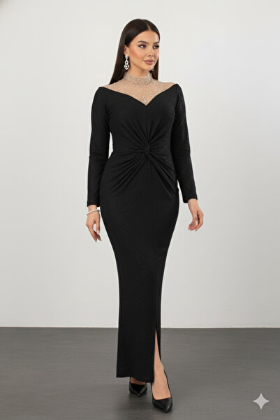 CAREZZA Yakası İnci Ve Taş Detaylı Simli Likralı Elbise - Siyah