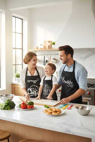 Dolce Anne-çocuk-baba Mutfak Önlük Seti -şapkasız - Siyah Önlük-beyaz Baskı