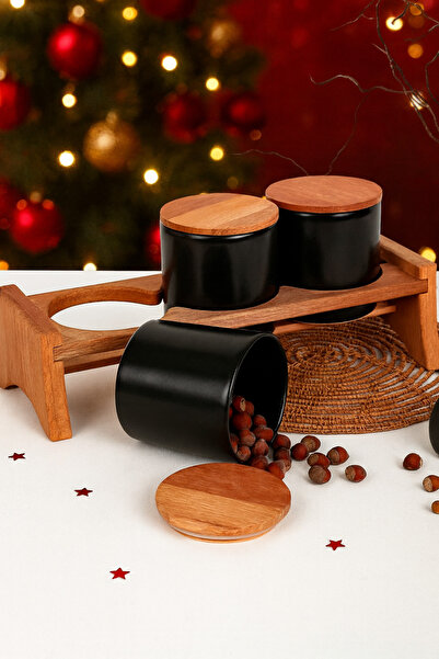 Keramika Recipient de depozitare Egean Negru Mat cu Suport din Lemn 10 Cm 4 Bucăți
