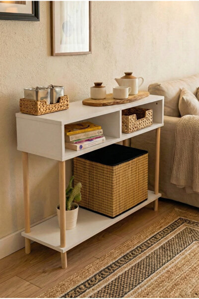 PEKA Ahşap Ayaklı Dresuar Dekoratif Raflı Kahve Köşesi Konsol Modern Çok Amaçlı Raf - Beyaz