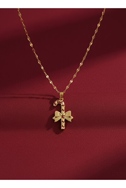 AURRARİ Altın Kaplama Pembe Zirkon Taşlı Baston Model Çelik Kolye – Yılbaşı Hediyesi