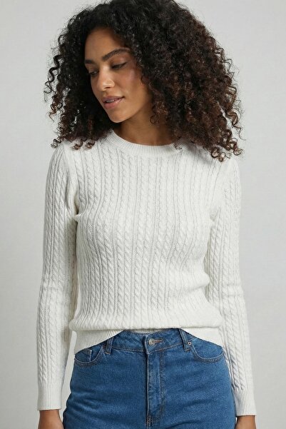 hateko Women's Pure 100% Cotton White Crew Neck Hair Knit Sweater – Knitted Pattern