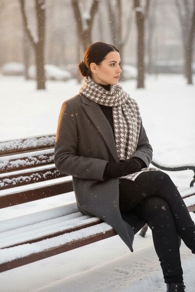 Onur Scarf - Houndstooth Pattern Winter Neck Scarf Thick Quality Fabric Woven...