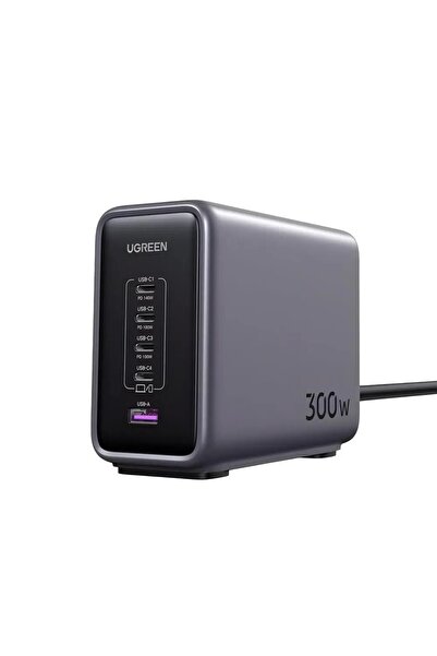 Ugreen شاحن سطح المكتب Nexode 300 واط بخمسة منافذ USB-C1 140 واط كحد أقصى USB-C2/C3 100 واط كحد أقصى USB-C4 45 واط USB-A 22.5 واط رمادي