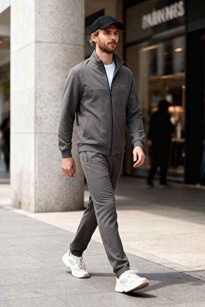 TOMMY LIFE Koyu Gri Pamuklu Kalın Yumuşak Dokulu Comfort Fit Basic Erkek Eşofman Takım - 85260