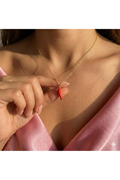 Aktemur Silver 925 Ayar Gümüş Minimal Kırmızı Biber Şans Kolyesi