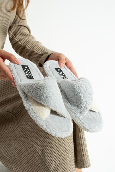 Moda Devrin نعال شتوية رمادية مخيطة بنعل من القطيفة، نعال منزلية هادئة (النعل سميك)
